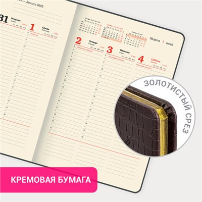 Еженедельник датированный 2025, БОЛЬШОЙ ФОРМАТ, 210х297 мм, А4, BRAUBERG "Comodo", под кожу, коричневый, 115942