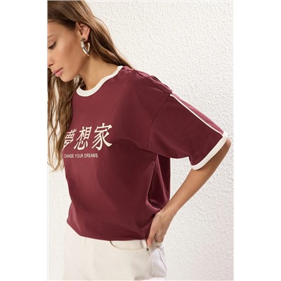 Burgundy Color Block негабаритный/широкий лозунг плесени, вязаная футболка Twoss25ts00068