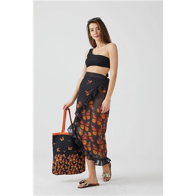 Ays Home Fashion Черное пляжное платье парео с узором бабочки и оборками