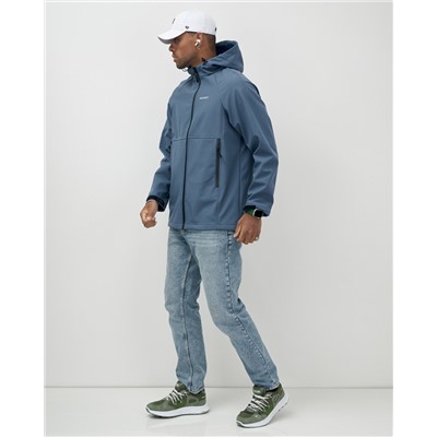Ветровка спортивная мужская с капюшоном softshell синего цвета 9563S