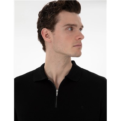 Black Slim Fit Zipper Polo Yaka Basic Knitwear Казах