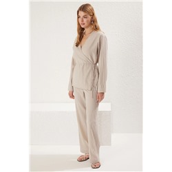 Берег Beige Cruve Подробные блузки и брюки, сплетенные, перевернутые набор Twoss25au00042