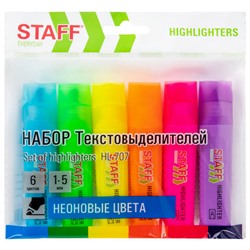 Набор текстовыделителей 6 НЕОНОВЫХ ЦВЕТОВ, STAFF "EVERYDAY HL-707", линия 1-5 мм, скошенный наконечник, 152550