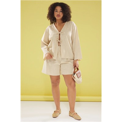 Beige V-образное перевязки детальная хлопчатобумажная пляжная одежда Большого размера команды Nopper TBBSS25CP00012