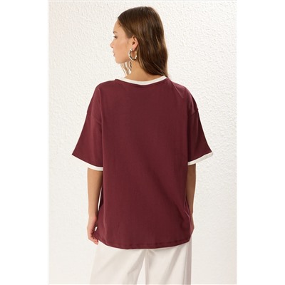 Burgundy Color Block негабаритный/широкий лозунг плесени, вязаная футболка Twoss25ts00068