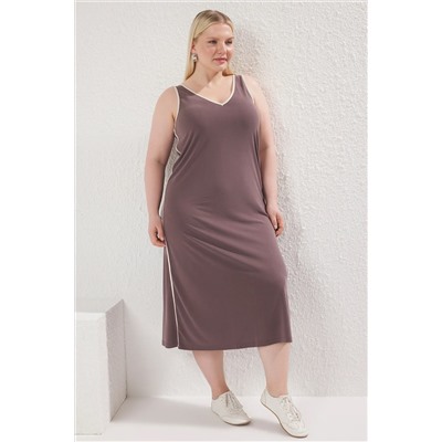 Brown v -neck модальный гибкий вязаный вязание литья Большой размер платье TBBSS25AH00207