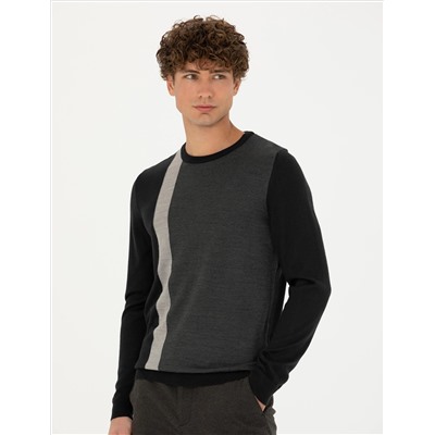 Black Slim Fit Bicycle Olcemed Wool Siped Sweater