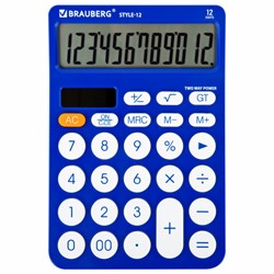 Калькулятор настольный BRAUBERG STYLE-12-BL (157х106 мм), 12 разрядов, двойное питание, СИНИЙ, 272966