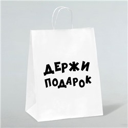 Пакет подарочный с приколами, крафт «Держи подарок», белый, 24×10.5×32 см