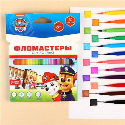 Фломастеры 12 цветов, с кистью, «Щенячий патруль»