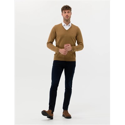 Camel Melange Slim Fit V-образный свитер с V-образным вырезом Базовый трикотажный