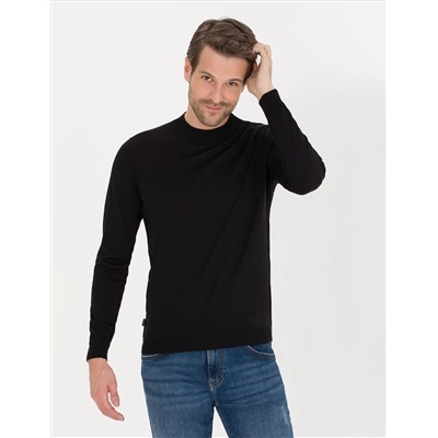 Black Slim Fit Bato Yaka Wool Смешанный базовый вязаный свитер