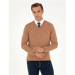 Camel Melange Slim Fit V-образный свитер с V-образным вырезом Базовый трикотажный