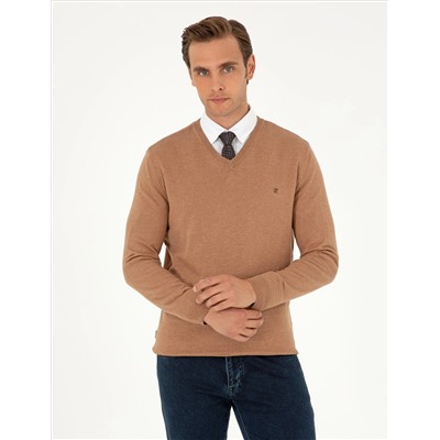 Camel Melange Slim Fit V-образный свитер с V-образным вырезом Базовый трикотажный