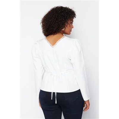 Белое кружево v -neck кнопка большого размера тканая блузка tbbss24af00091