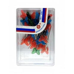 Булавки портновские с пластиковыми головками в коробочке БАБОЧКИ/ цв.ассорти/ дл.53мм/ уп.50шт/ фас.1уп.