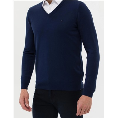 Открытый темно -синий Slim Fit V Neck Basic вязаной свитер