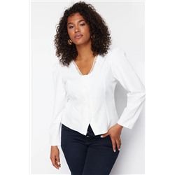 Белое кружево v -neck кнопка большого размера тканая блузка tbbss24af00091