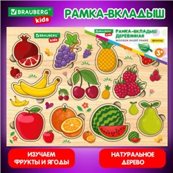 Рамка-вкладыш деревянная развивающая "Фрукты и ягоды", 22х30 см, BRAUBERG KIDS, 665254