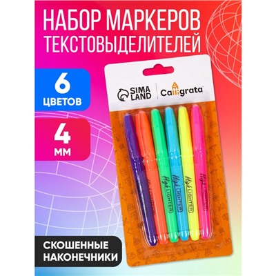 Набор маркеров-текстовыделителей, 6 цветов, наконечники скошенные, 4 мм