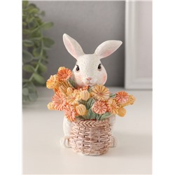 Фигурка полистоун «Белый кролик с цветами в плетёной корзине», 9×8.5×11.5 см