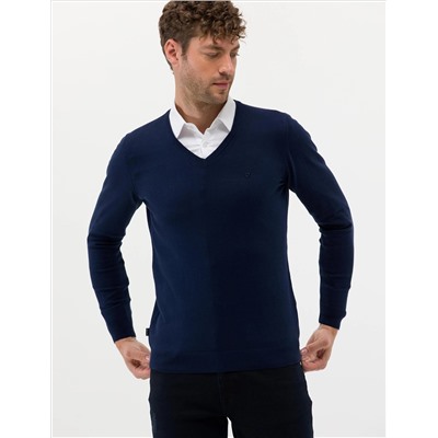 Открытый темно -синий Slim Fit V Neck Basic вязаной свитер
