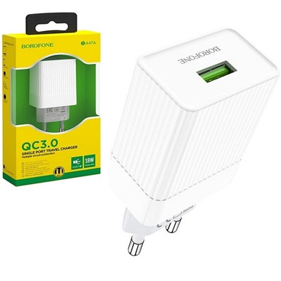 Сетевой адаптер питания BOROFONE BA47A 1 USB QC 3.0 (белый)
