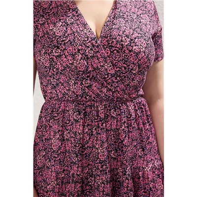 Розовый v -v -neck с цветочным рисунком вязать в вязание платье большого размера TBBSS22EL1638