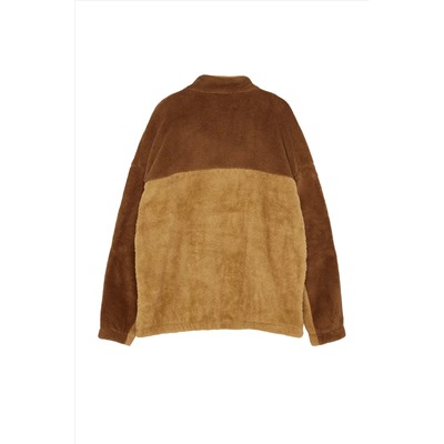 Camel Unisex Большой размер негабаритный/широкий цветовой блок, вышитая плюшевая толстовка Tmnaw24ao00015
