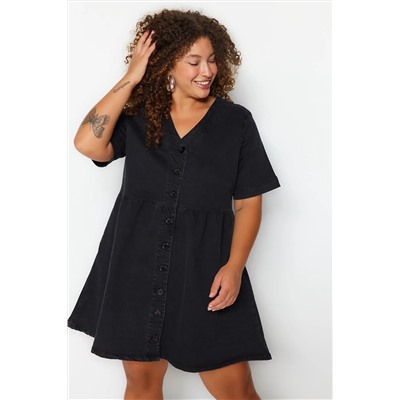 Anthracit открылся из талии/фигуриста V -Neck Denim Dress TBBSS23AH00078