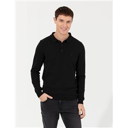 Black Slim Fit Polo yaka Basic Knitwear Kazakh