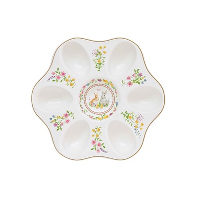 Блюдо для яиц, 21 см, 6 отд, фарфор P, белое, Кролики и цветы, Happy Easter, 63339