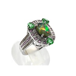 Кольцо С925 с опалом, тсаворитом, сапфиром и алмазами, размер 18, 5,8г
