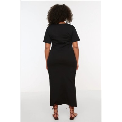 Черное v -v -neck slip maxi/long 100 %хлопковое вязаное платье tbbss22ah0163