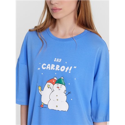 Туника женская домашняя голубая с принтом и надписью "Say carrot!"