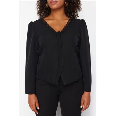 Черное кружево v -neck кнопка большого размера тканая блузка TBBSS24AF00091