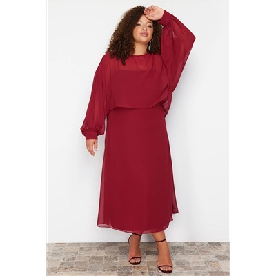 Burgundy Cape Подробное шифоновое платье большого размера