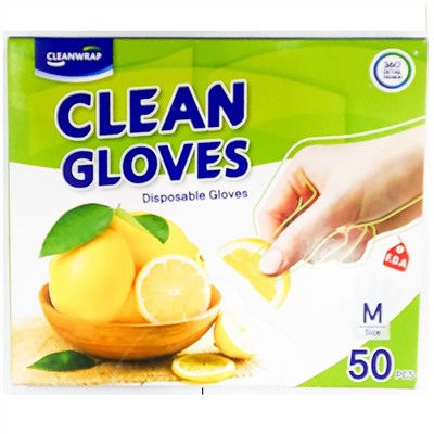 Clean wrap Перчатки одноразовые полиэтиленовые (тонкие, размер М) 22,5 х 28 см, 50 шт. / 50