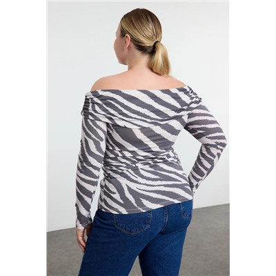 Ecru-Gray с рисунком Carmen воротник Viscose вязание Big Size Blouse TBBAW25AF0002020