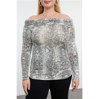 Beige Snake Patchered Catterned Carmen воротник Viscose вязание большие размеры блузка TBBAW25AF00020