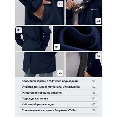 Парка спортивная мужская с капюшоном softshell темно-синего цвета 9565TS