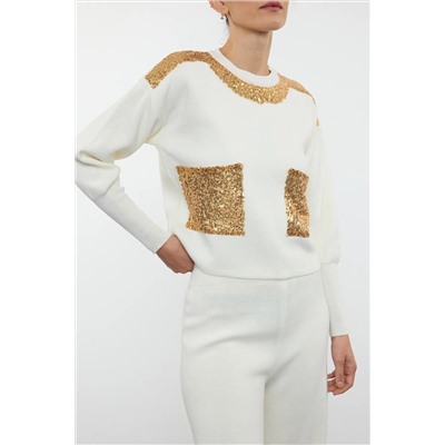 Ekru Sequined Pocket Подробный обычный трикотаж верхний набор TEDAW25AU00012