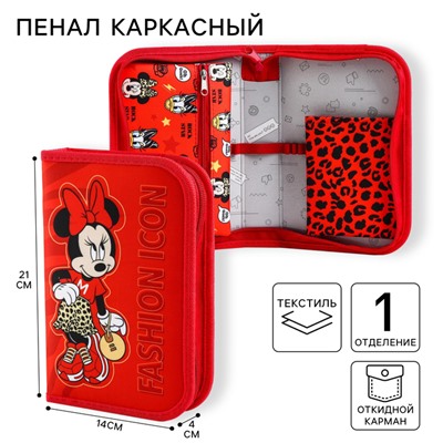 Пенал каркасный, 1 секция, 14×21×4 см, откидной карман, тканевый, «Минни Маус»