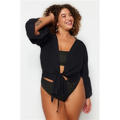 Black Cruve Yaka Arm Ruffled Skining Детальная пляжная одежда Большой размер блузки TBBSS23AH00113
