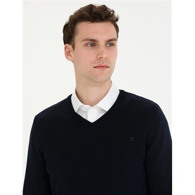 Темно -синий Slim Fit V Шея Основной вязаный свитер