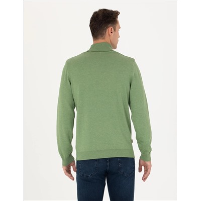 Темно -зеленый меландж Slim Fit Fisherman воротник основной трикотаж казах