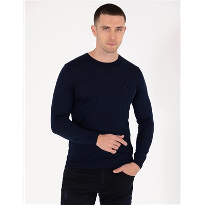 Navy Blue Slim Fit Bike Worke Wool Смешанный базовый вязаный свитер