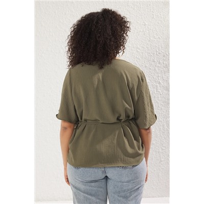 Khaki weaving v -neck -связывающая блузка tbbss22bz0753