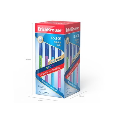 Ручка шариковая ErichKrause R-301 Neon Stick & Grip, узел 1.0 мм, чернила синие, резиновый держатель, длина линии письма 2000 метров, МИКС