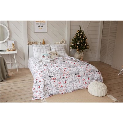 Постельное белье новогоднее Этель 1.5 сп Xmas cat 143*215 см, 150*214 см, 70*70 см - 2 штуки
